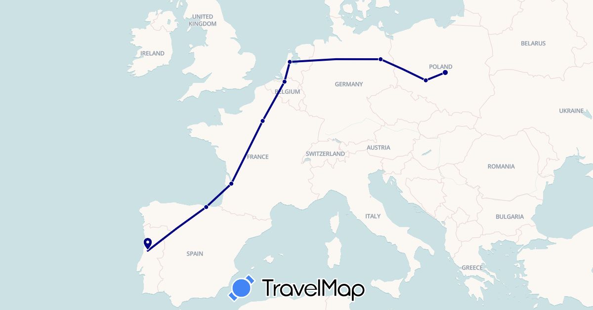 TravelMap itinerary: driving in Belgium, Germany, Spain, France, Netherlands, Poland, Portugal (Europe)